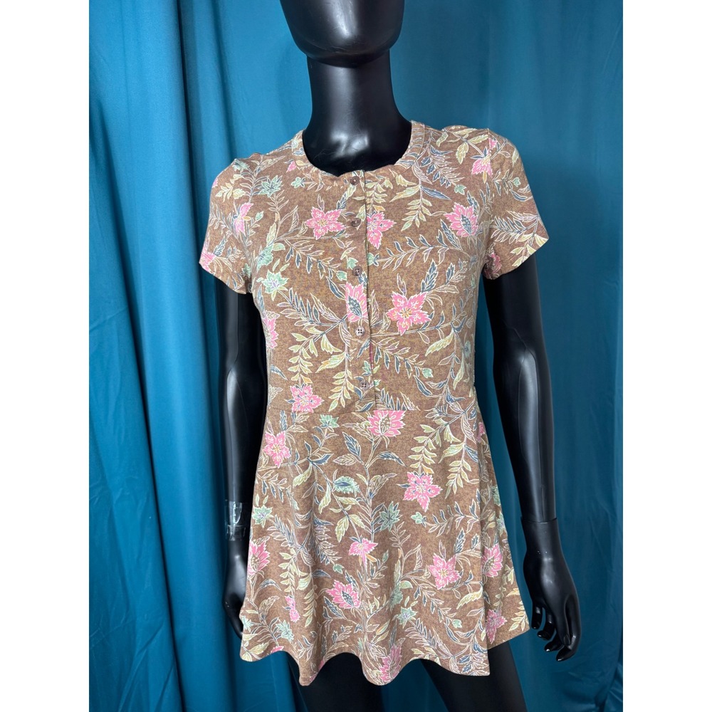 Isaac Mizrahi Live Brown Floral Henley Fit and‎ Flare top blouseXXS A514014
